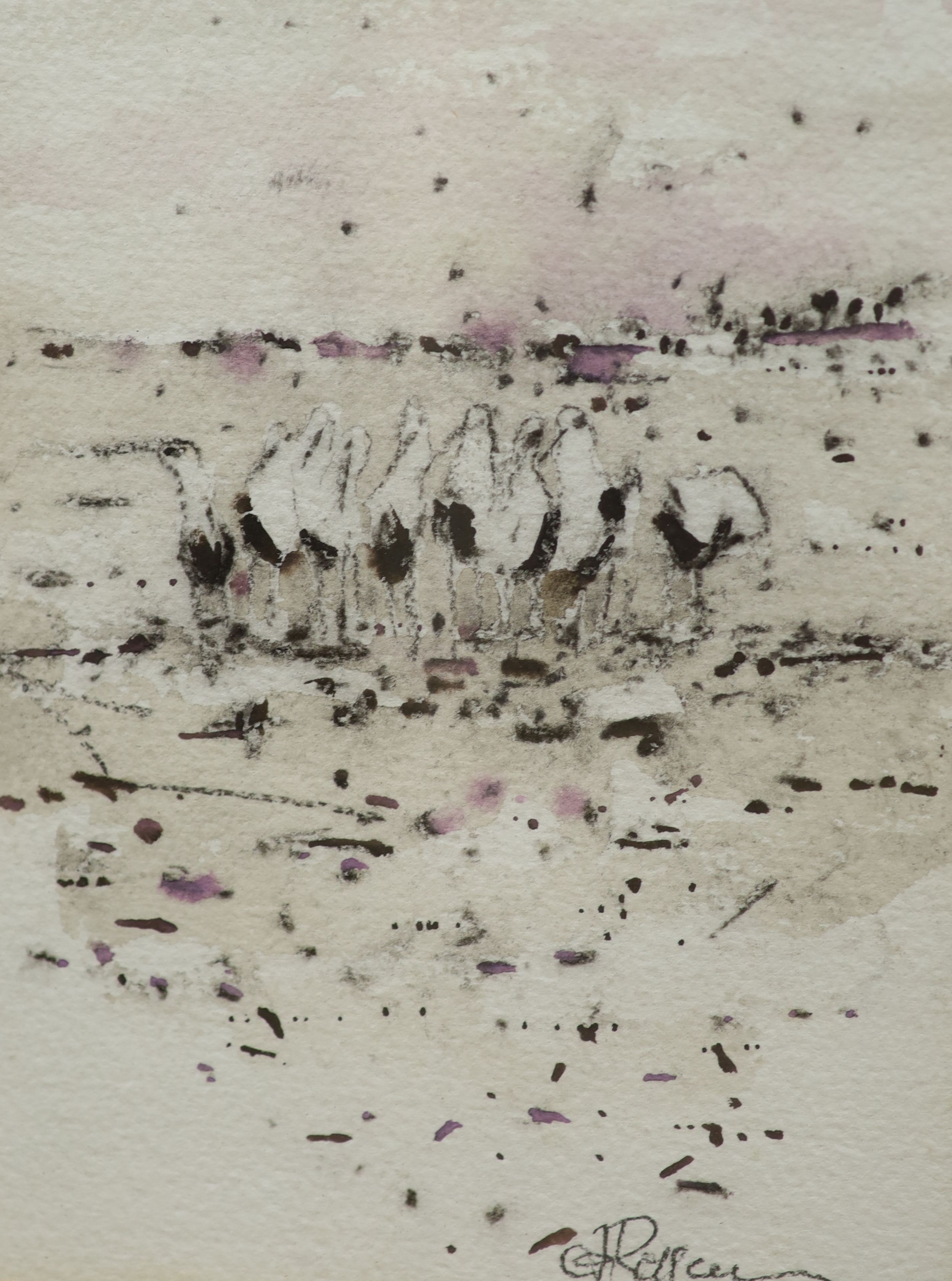 Angela Rossen (Australian), watercolour, Birds on the seashore, signed in pencil, 20 x 15cm